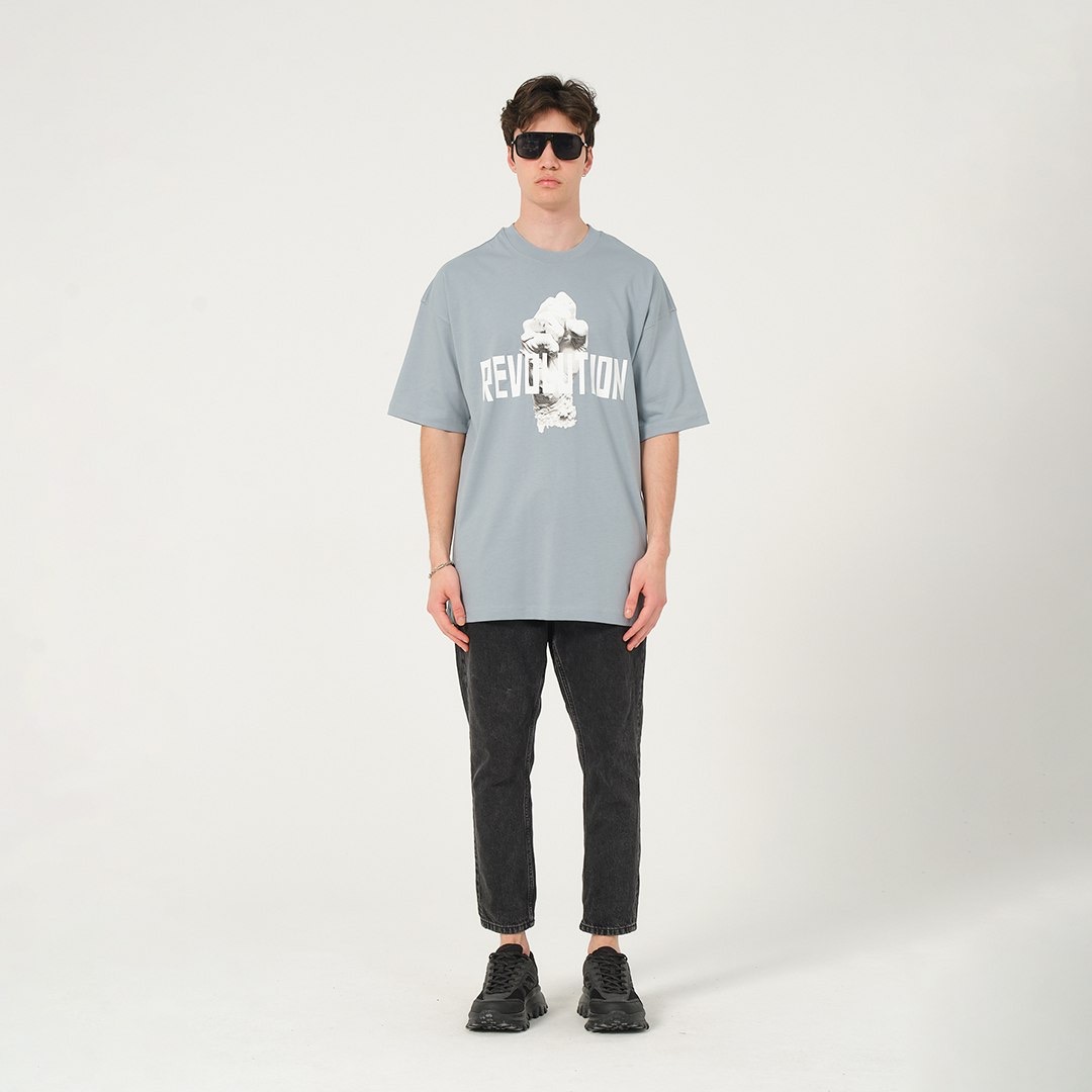 Revolution Baskılı Gri Oversize Tişört